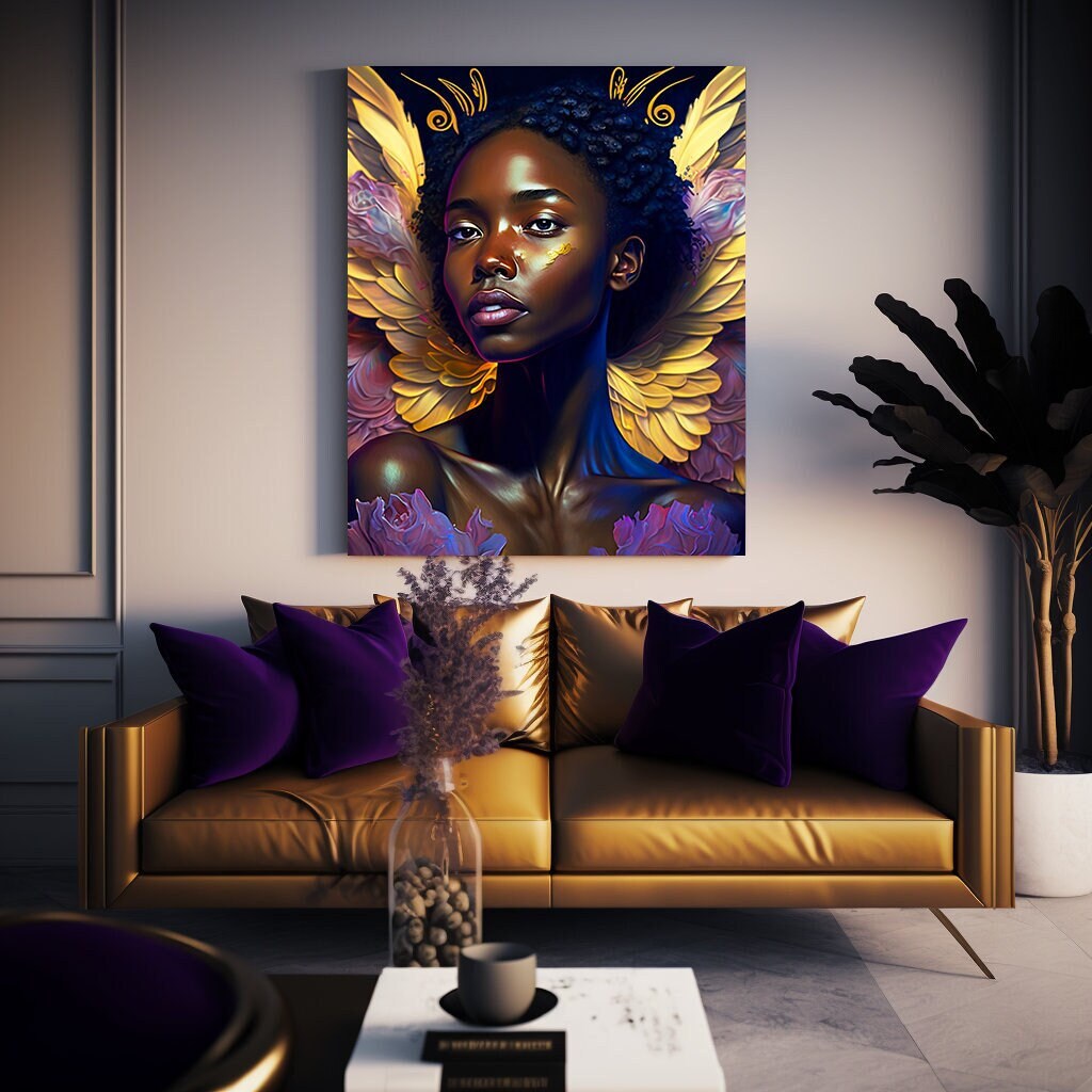 Angel Wall Art Gold Wings Spiritual Art Black Art Print Digital Art Digital Prints Wall Art Poster Portrait Painting