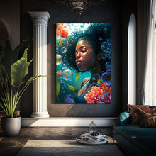 Load image into Gallery viewer, Black Woman Underwater Digital Art Print Abstract Black Art for Housewarming Gift Afro Art Gift Digital Wall Art Poster